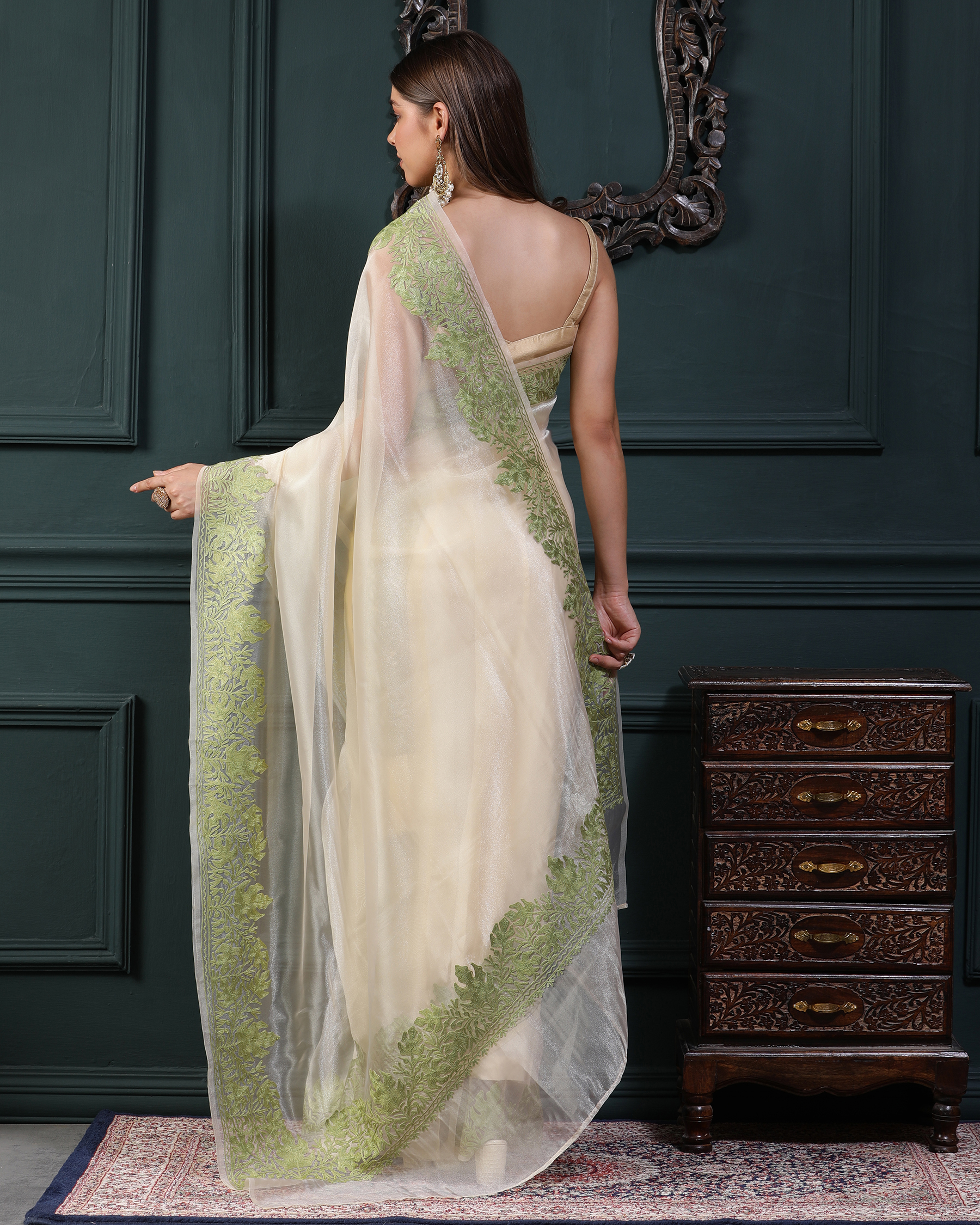 Aari Work Organza Silk Saree - Ice Yellow - back
