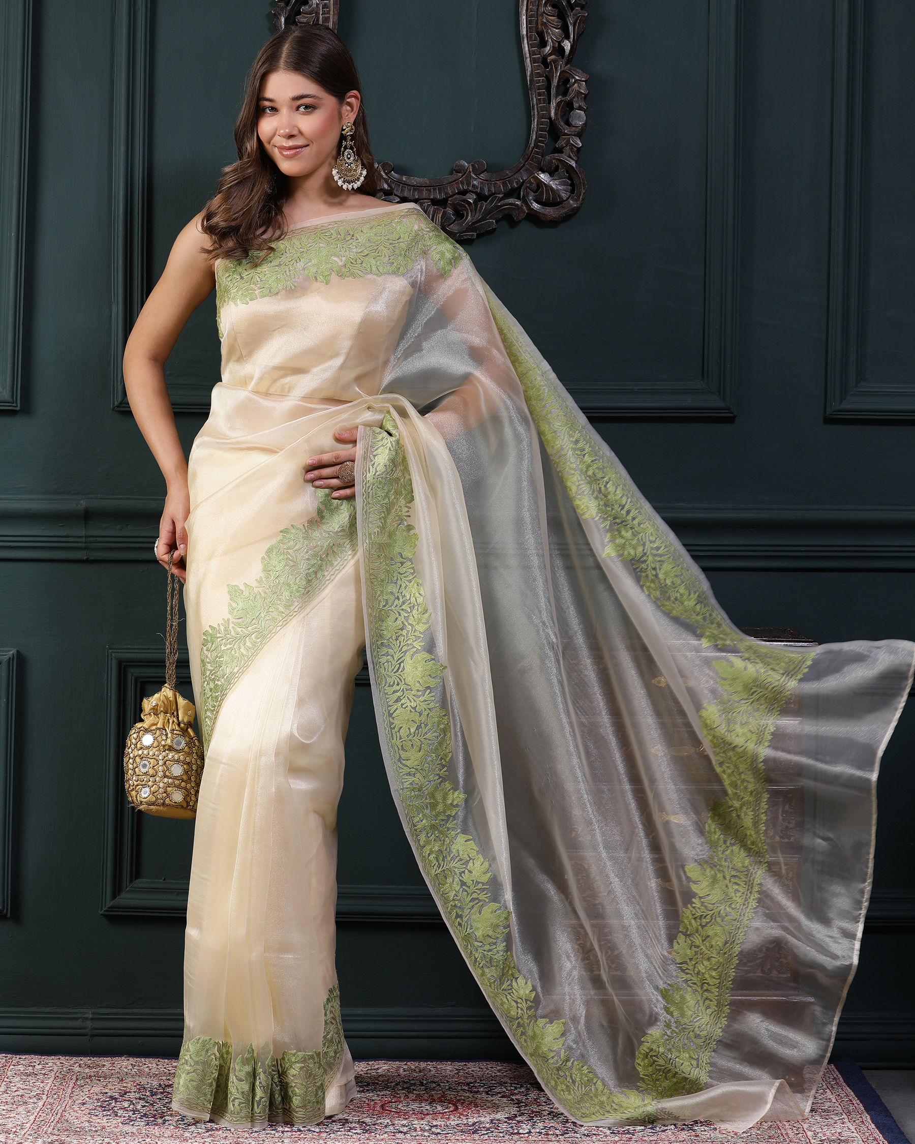 Aari Work Organza Silk Saree - Ice Yellow - front flair