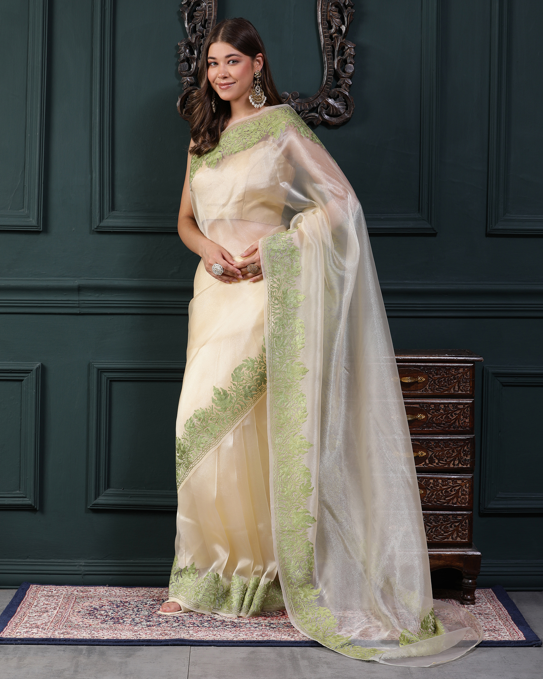 Aari Work Organza Silk Saree - Ice Yellow - left