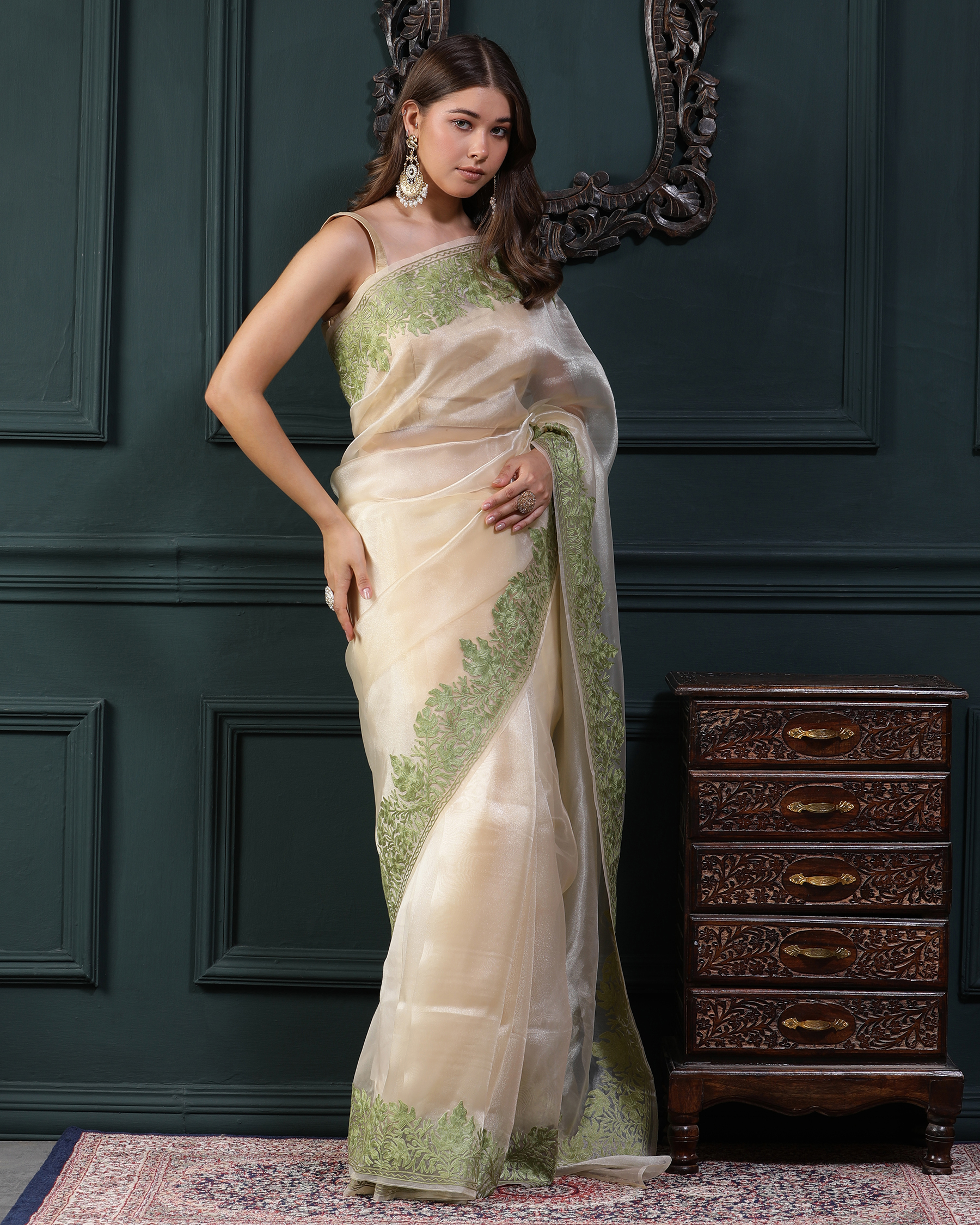 Aari Work Organza Silk Saree - Ice Yellow - right