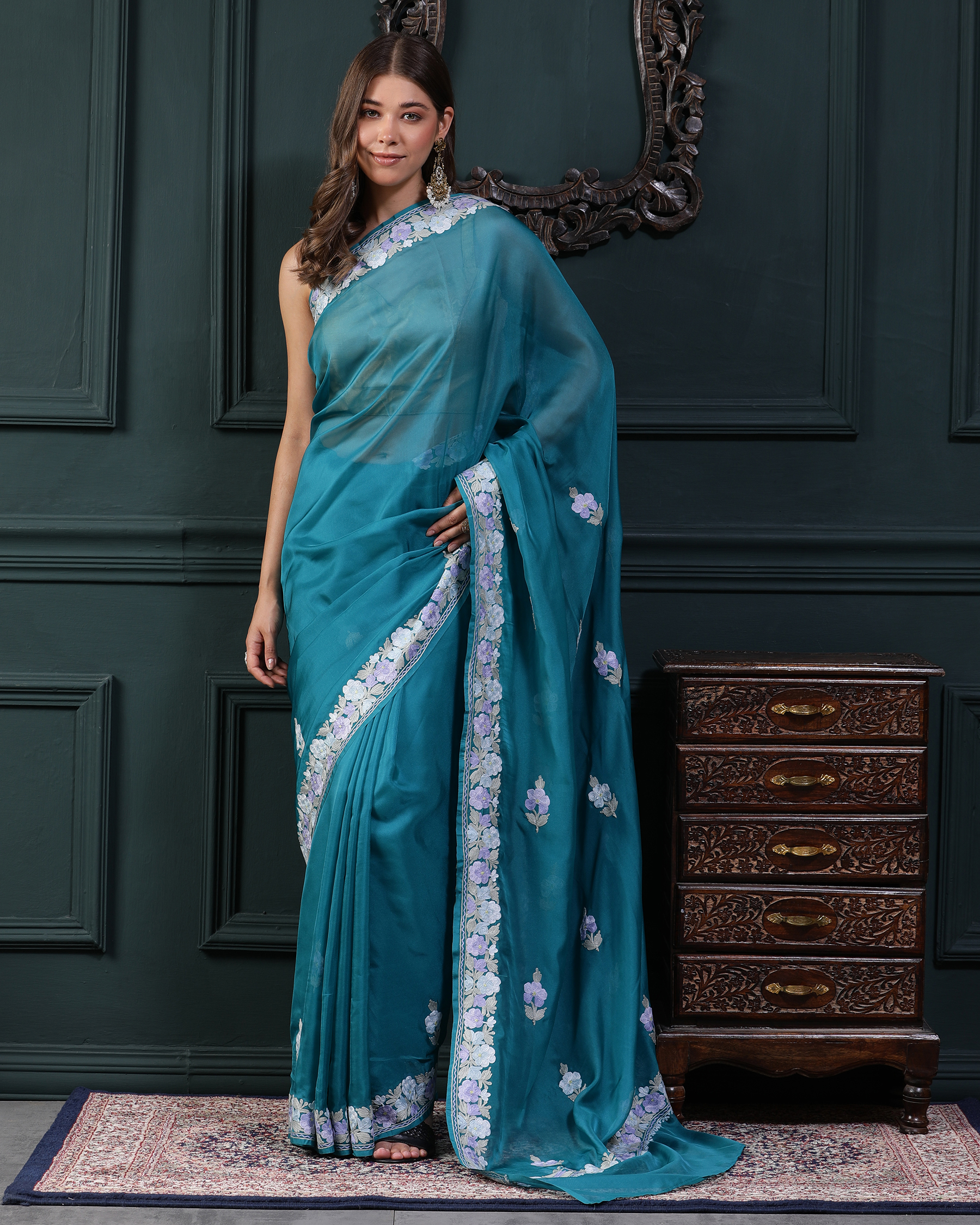 Habotai Silk Aari Work Saree - Dark Turqoise - Front
