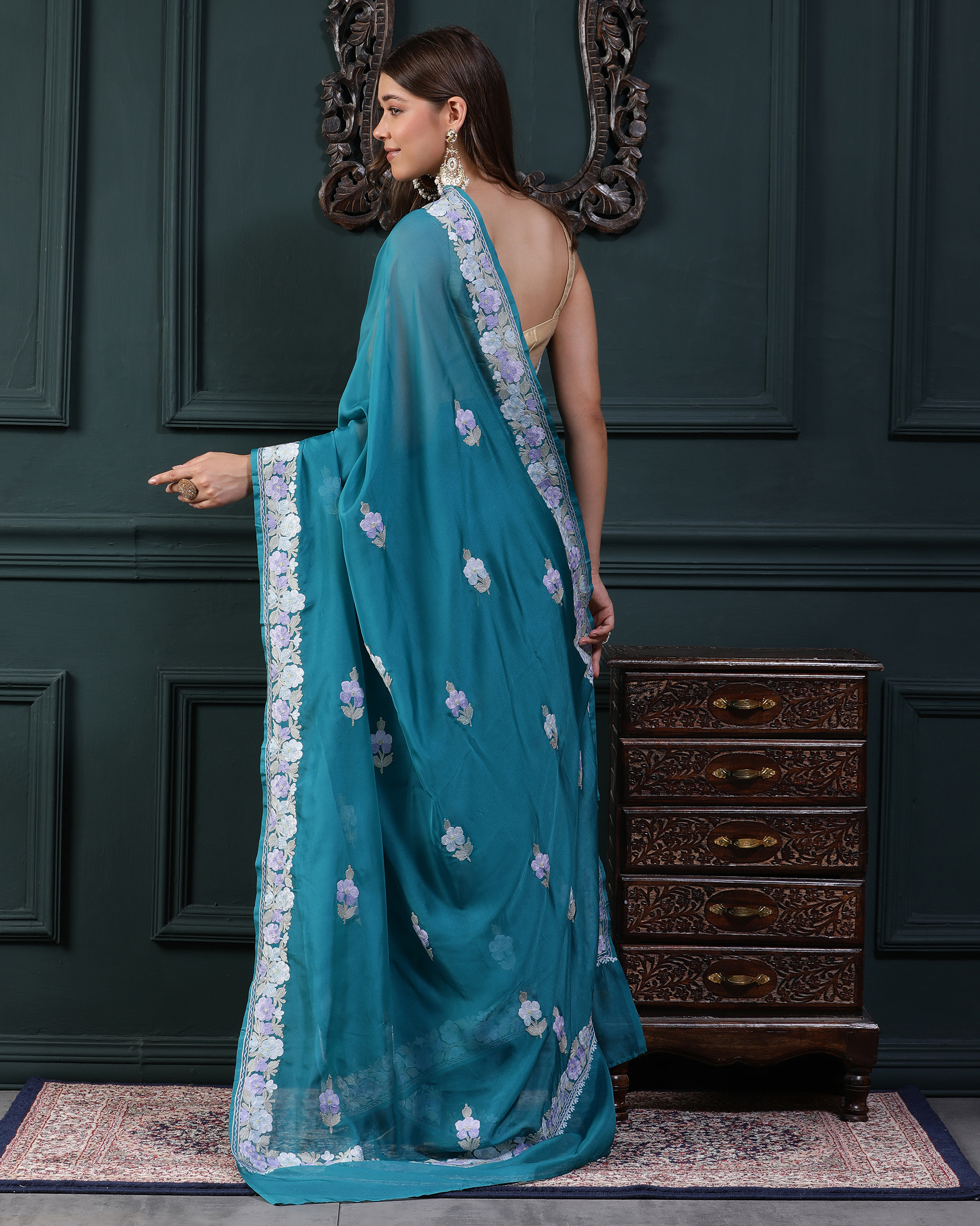 Habotai Silk Aari Work Saree - Dark Turqoise - back