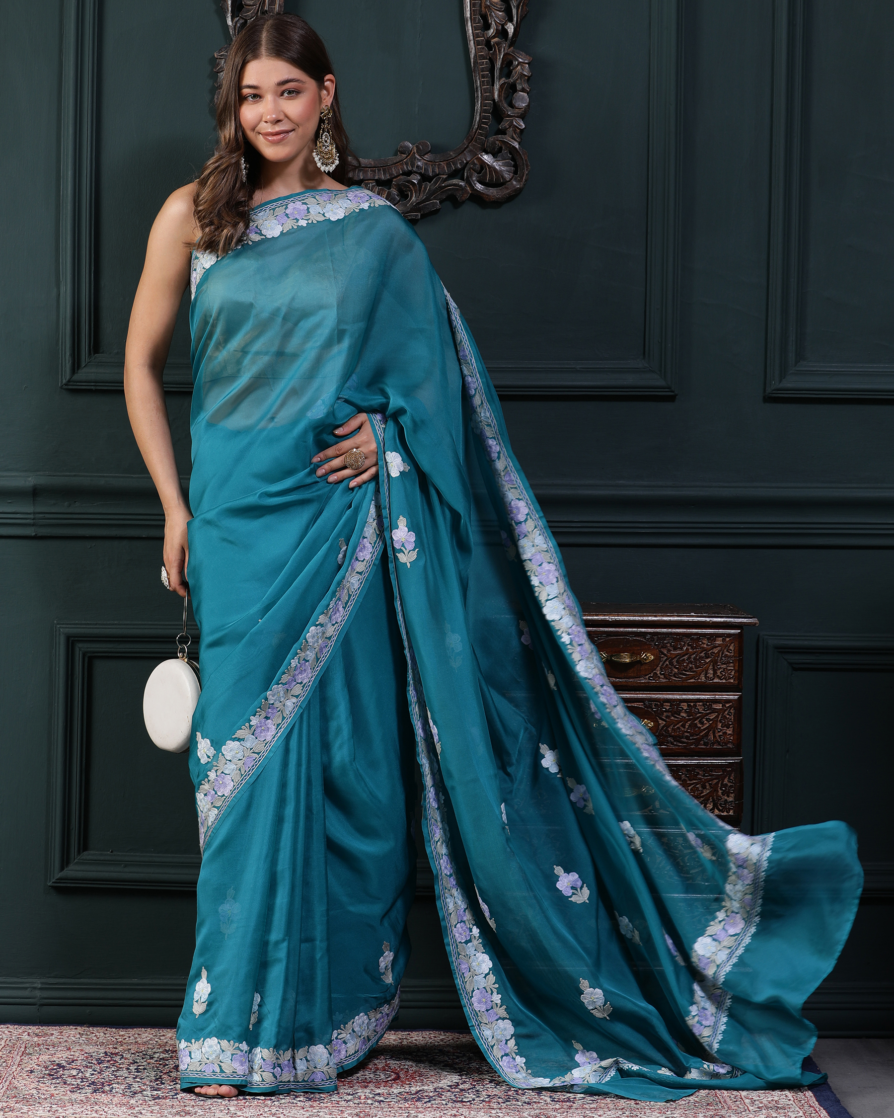 Habotai Silk Aari Work Saree - Dark Turqoise - flair