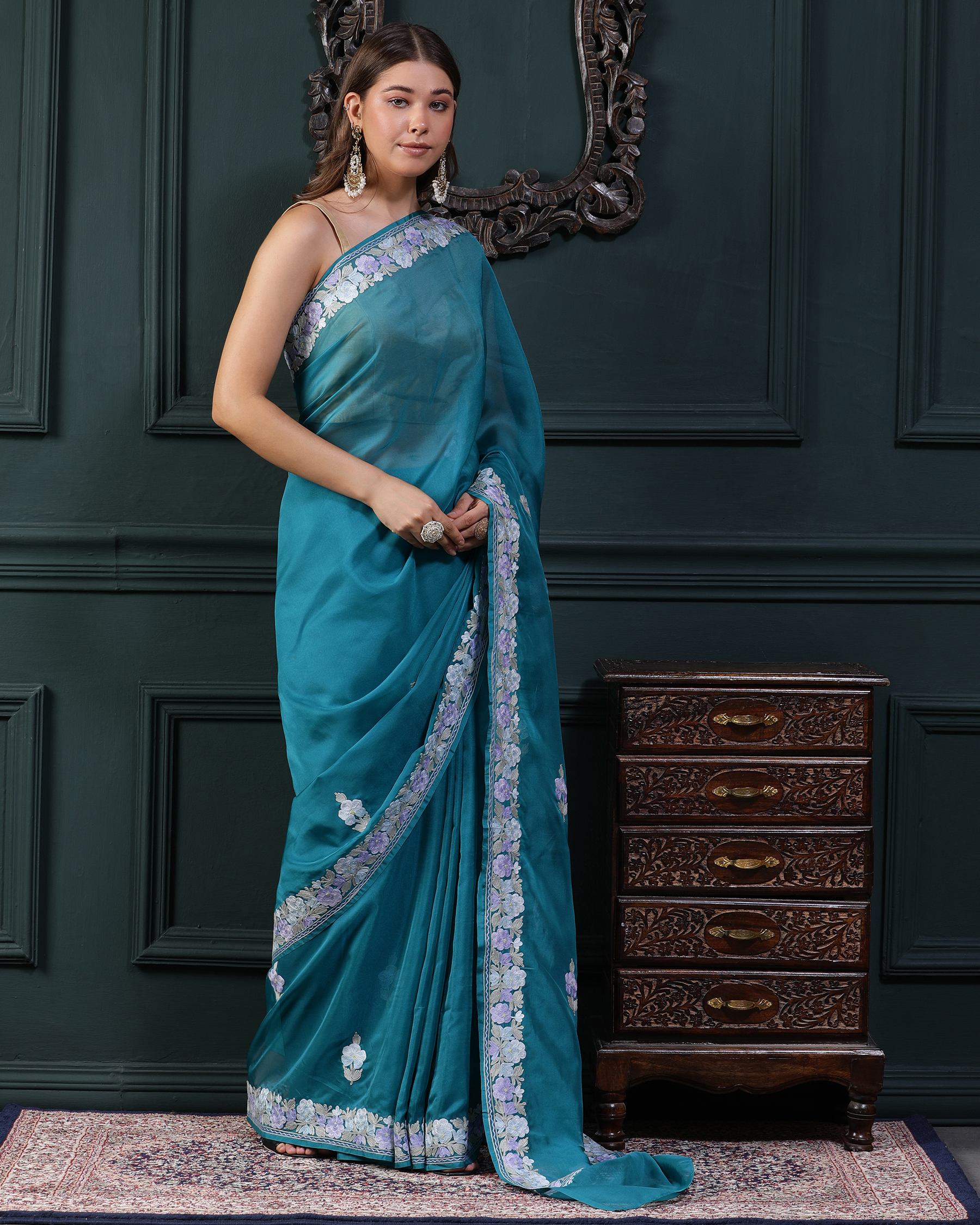 Habotai Silk Aari Work Saree - Dark Turqoise - right