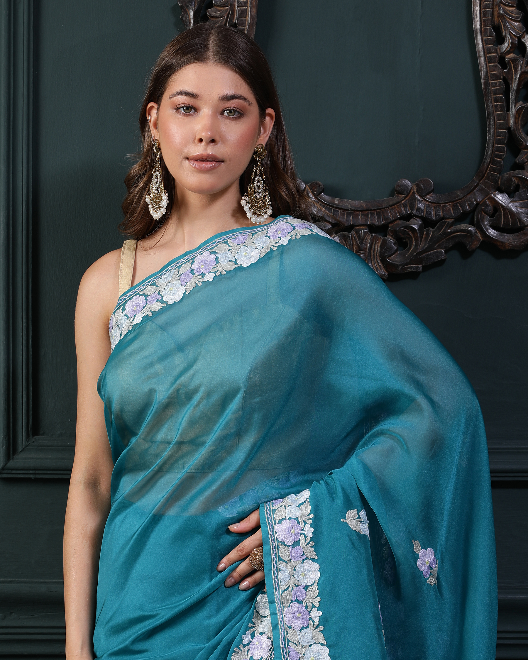 Habotai Silk Aari Work Saree - Dark Turqoise - top