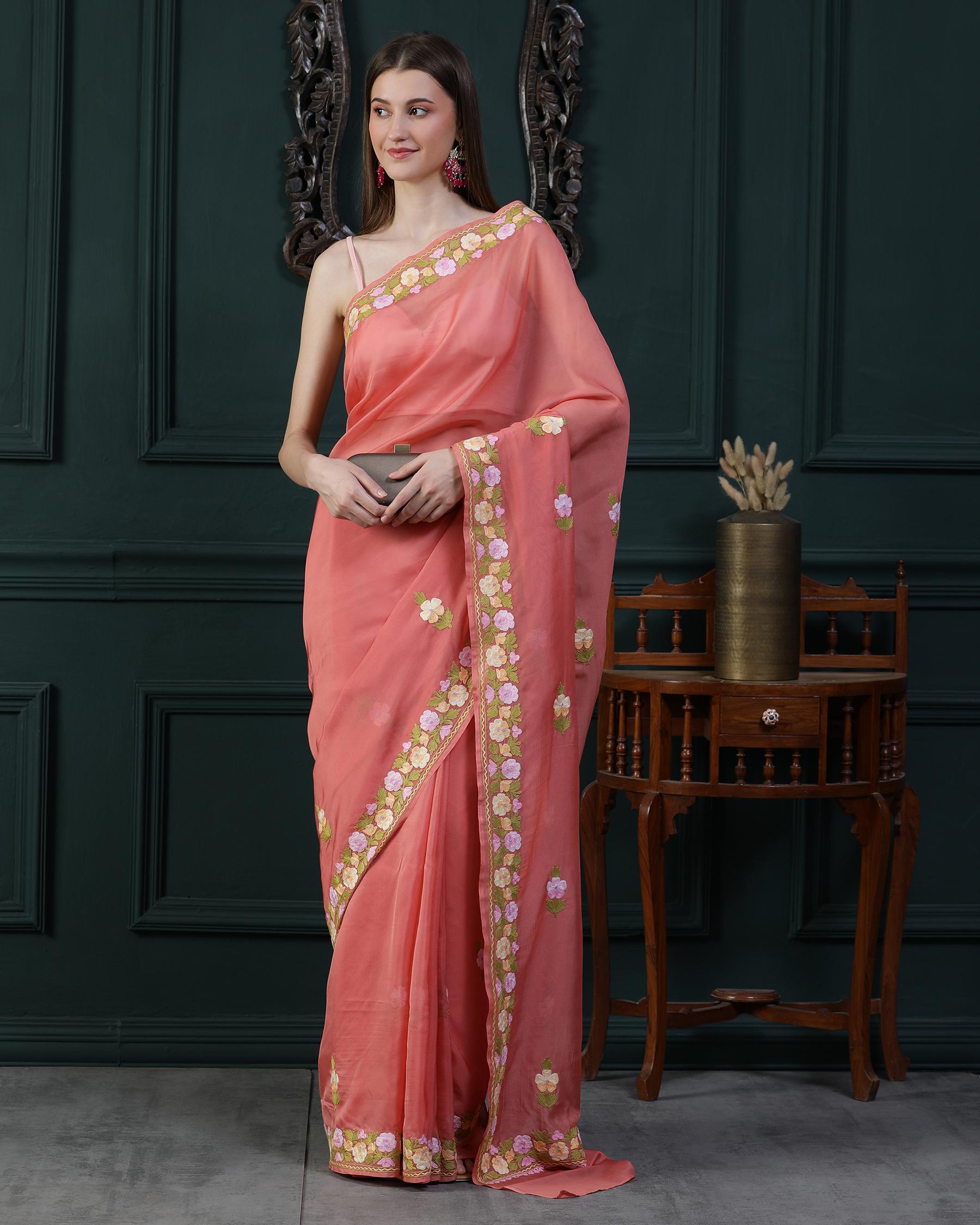 Habotai Silk Aari Work Saree - front hang