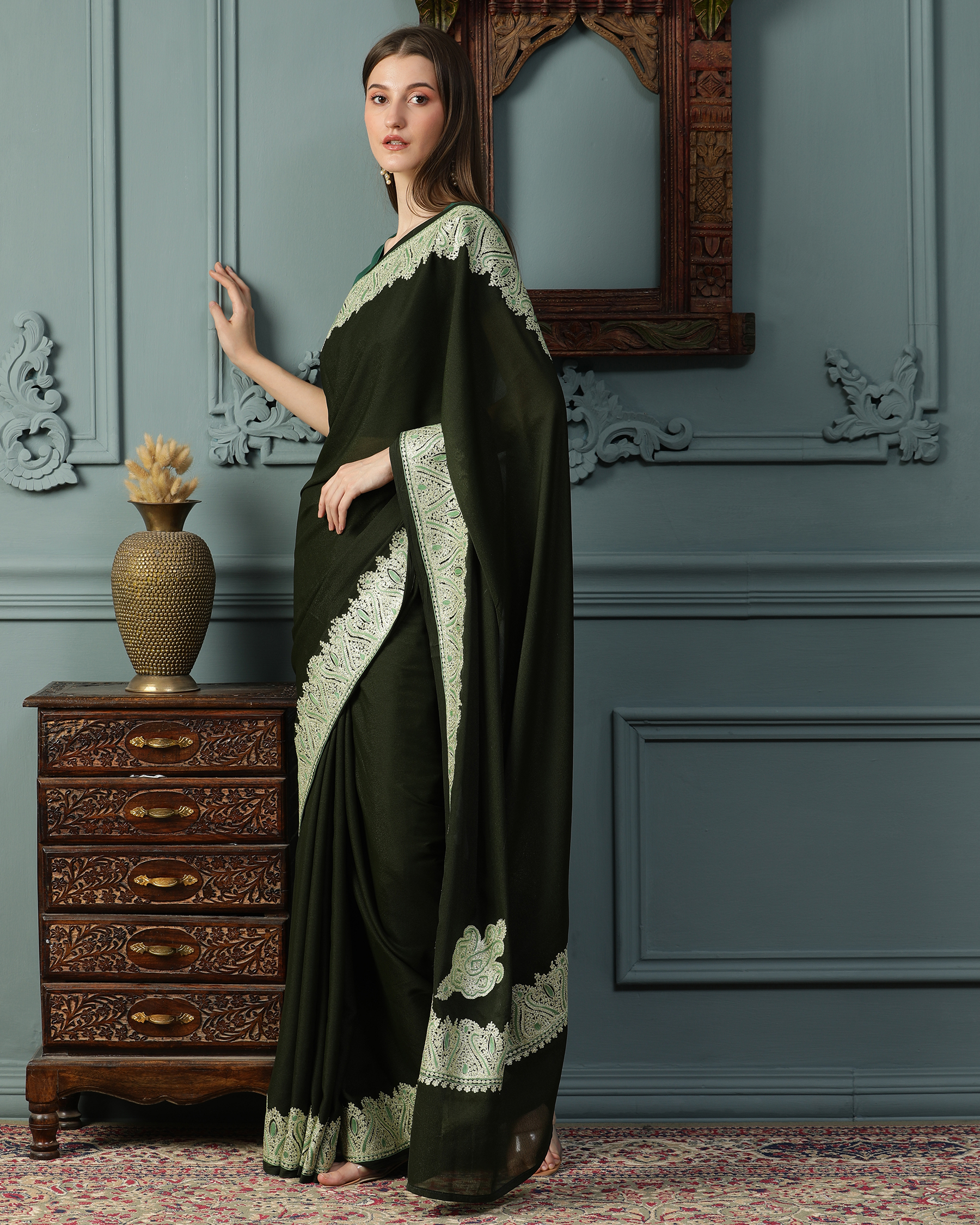 Zari Work Star Georgette Saree - Forest Green